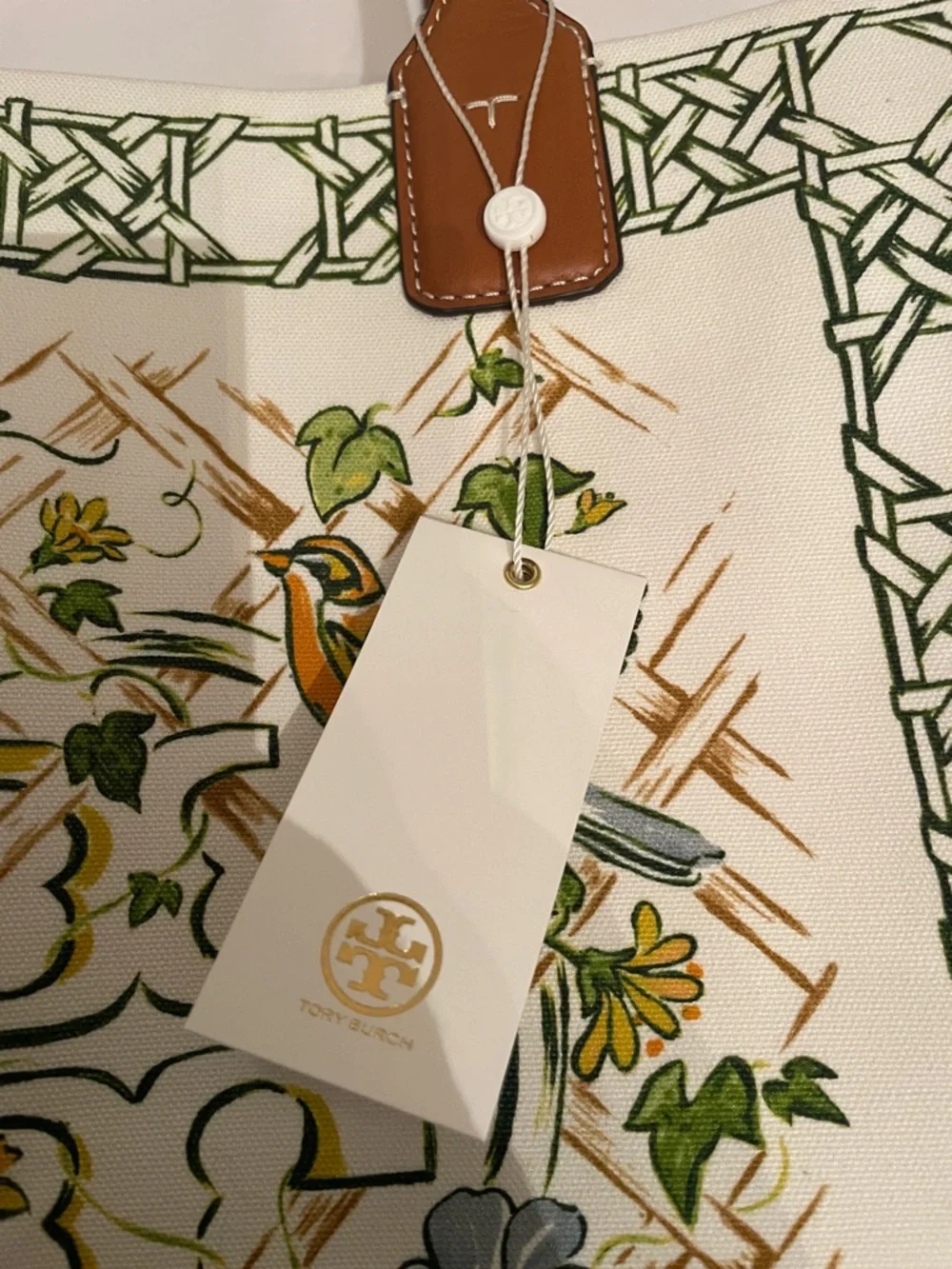 Tory Burch Ella Floral & Bird Canvas Tote cream with Brown‎ Trim